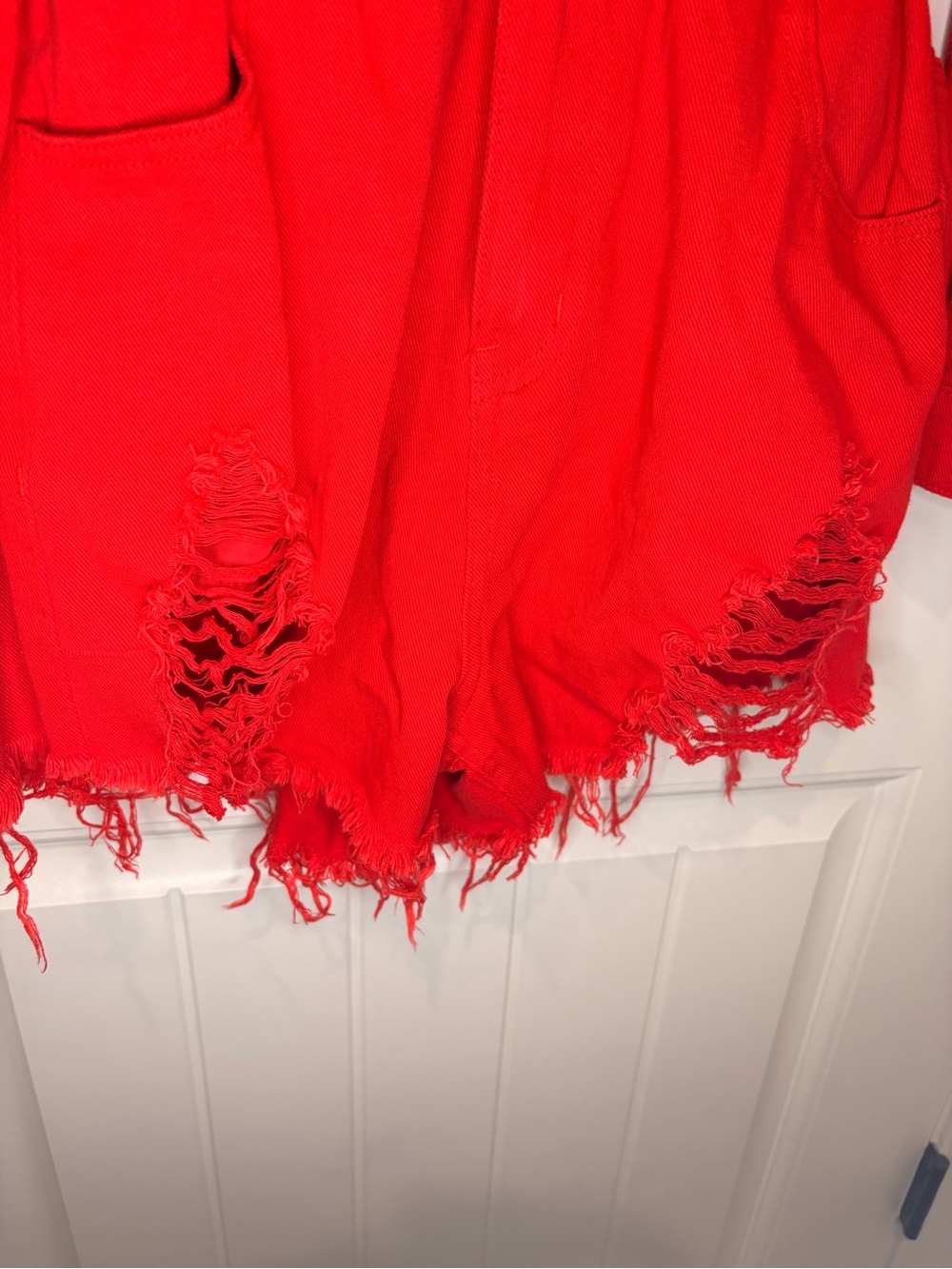 Women’s Red Distressed Button-Front Romper - Picture 5 of 7